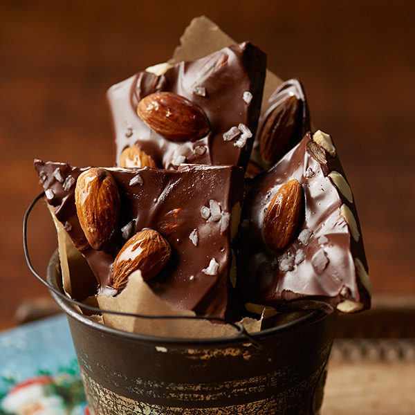 Chocolate almond bark broken into shards.