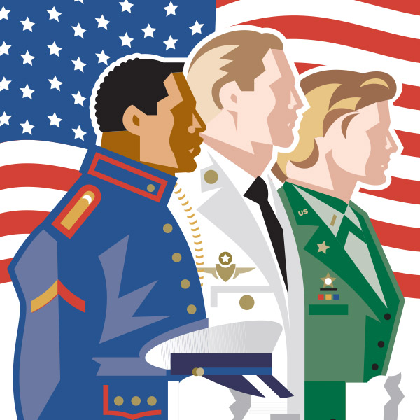 Boot camp graduation illustration with members of different branches of the military and an American flag background.