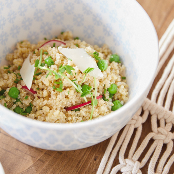 Spring Quinoa Salad with Pea Shoots, Radishes & Honey Lemon Vinaigrette