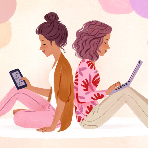 Two women seated back to back on devices