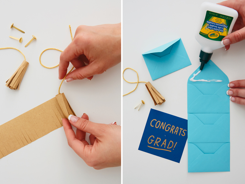 Making a gift card holder with tassel, envelopes and glue
