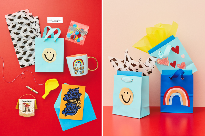 Graduation gifts in colorful gift bags