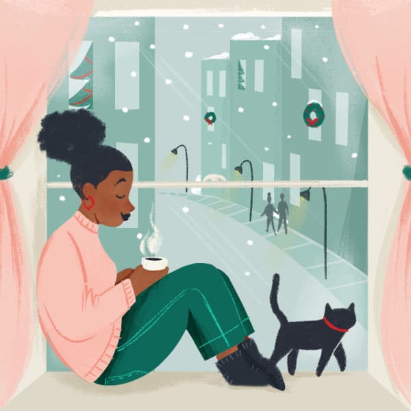 Illustration of a woman sitting in a window seat with a cat at her feet