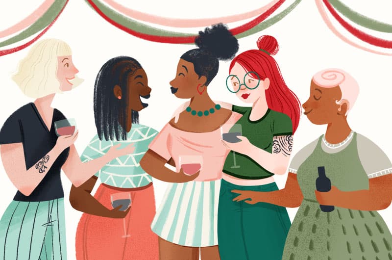Illustration of five women talking at a holiday party