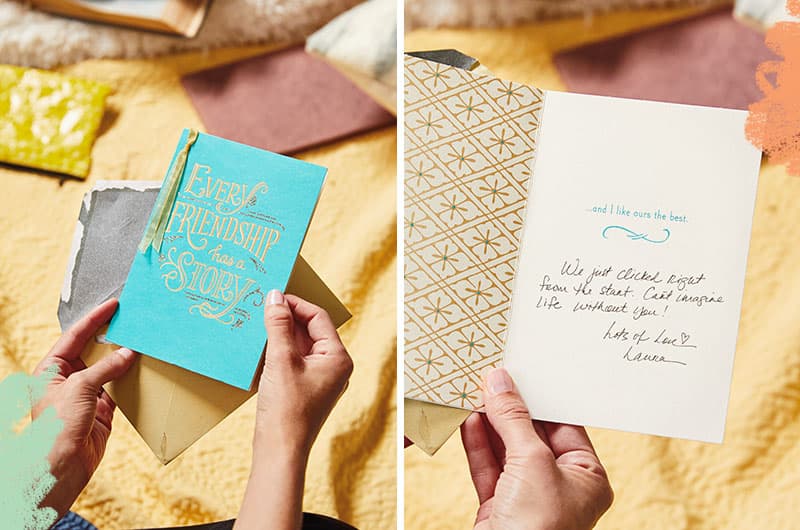 Side-by-side images of hands holding a greeting card that reads