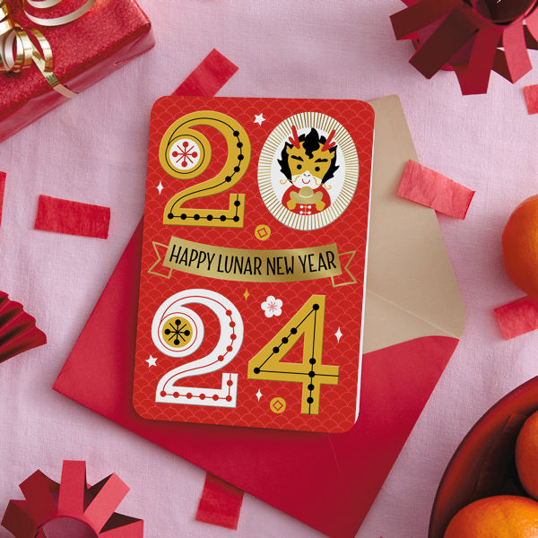 A red Lunar New Year card that says
