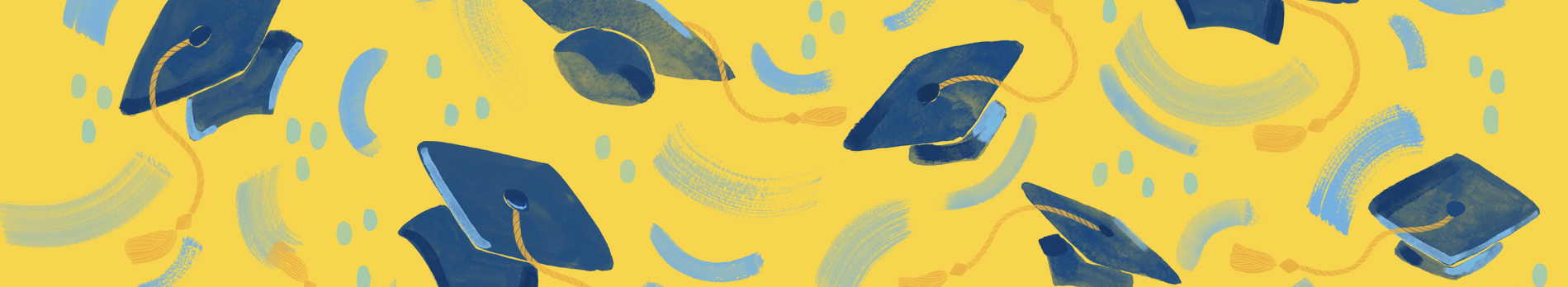An illustration depicting blue graduation caps thrown into the air.