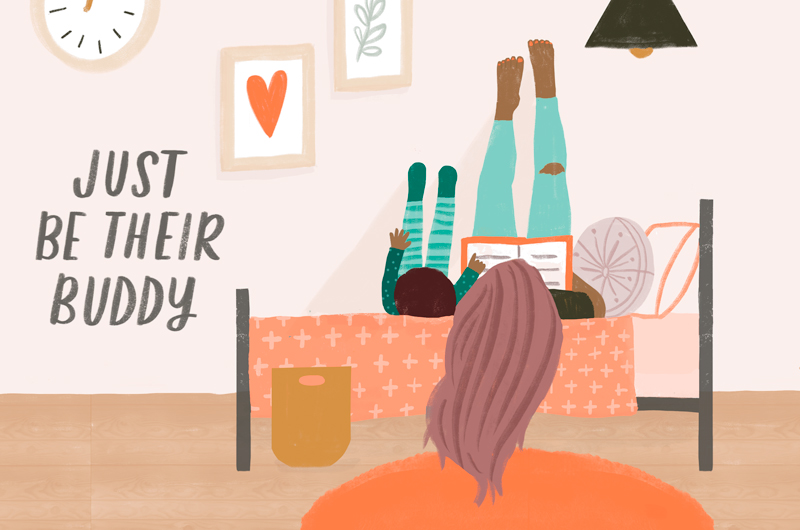 An illustration of a mom and child reading in bed with their feet up on the wall. A quote next to the illustration reads,