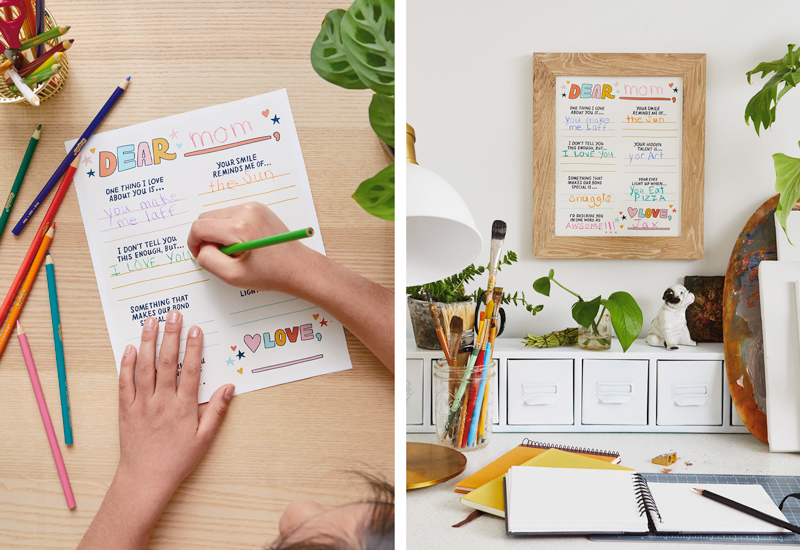 A child's hands fills out a free printable writing prompt page for Mother's Day; it is addressed to Mom and has prompts like,