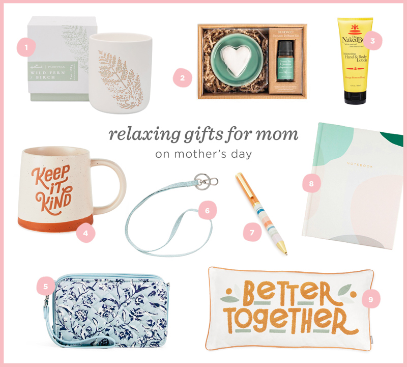 Our recommendations for relaxing Mother's Day gifts include a candle in a ceramic jar, a fragrance oil diffuser shaped like a heart, hand and body lotion scented with orange blossom, a ceramic mug that reads