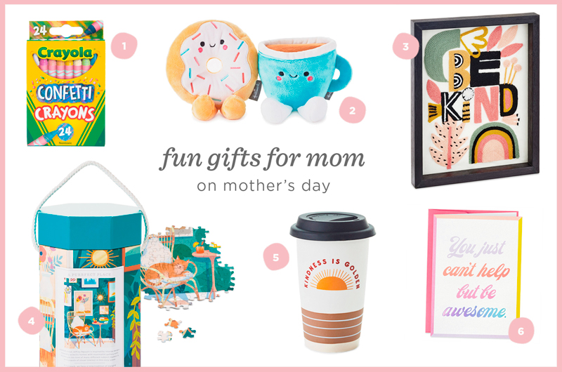 Our recommendation for fun Mother's Day gifts include Crayola confetti crayons, a coffee and donut Better Together plush set, wall decor that reads