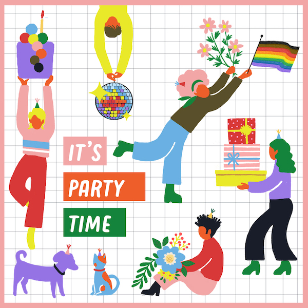 A collection of illustrated figures celebrating different LGBTQIA occasions like Pride Month, a coming out party, a couples shower, and more.