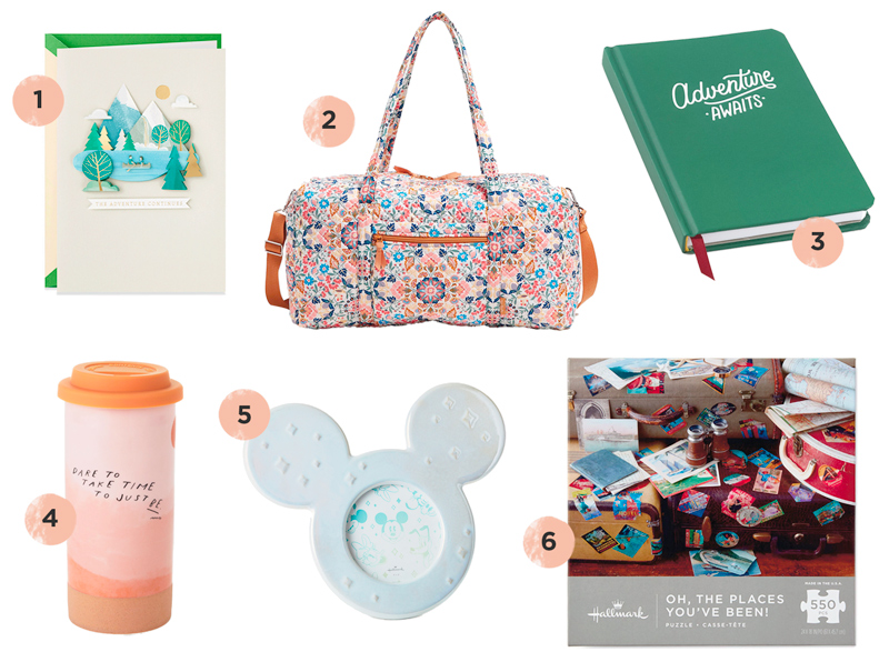 A selection of travel-themed anniversary gift ideas including a card featuring a mountain scene, a Vera Bradley quilted duffle bag, a journal that reads,