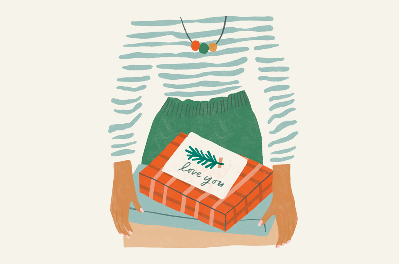 An illustration of a woman dressed in a horizontally striped shirt and green skirt holding a stack of wrapped presents, with a card on top that says