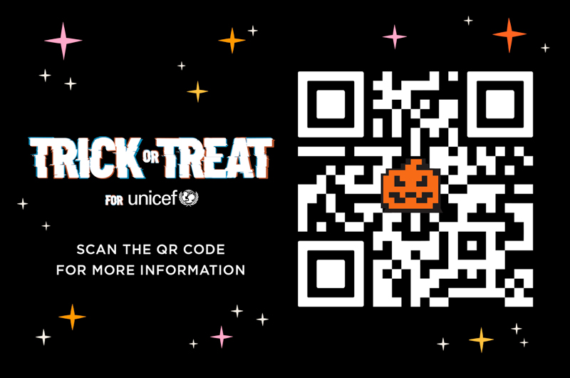 A QR code meant to be scanned by a smartphone; the QR code will take the user to the Trick or Treat for UNICEF website.