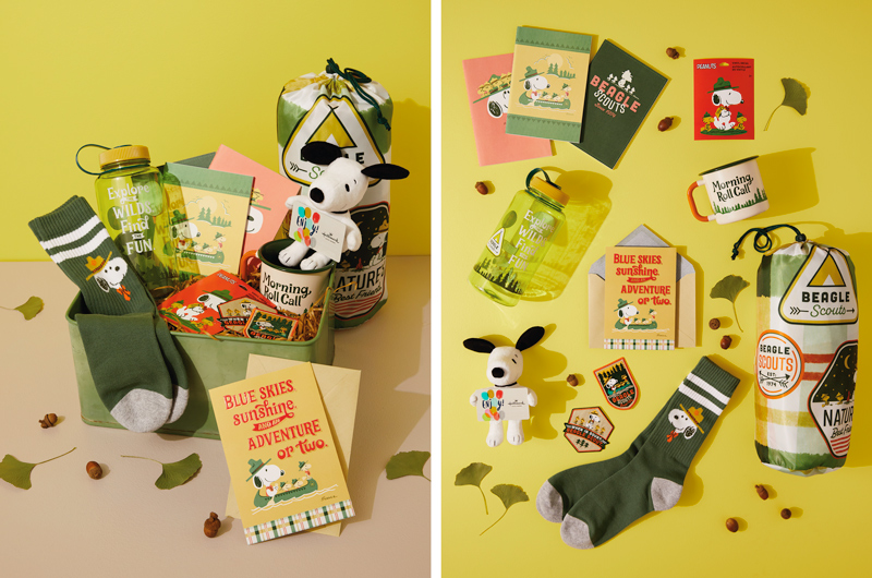 A Peanuts Snoopy Beagle Scout birthday care package filled with Beagle Scout products, including a mug, a small Snoopy plush that holds a gift card, a greeting card that reads