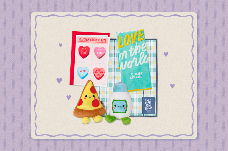A collection of gifts for a Dad or teen that includes a humorous Valentine's Day card with rejected candy heart messages printed on it, including