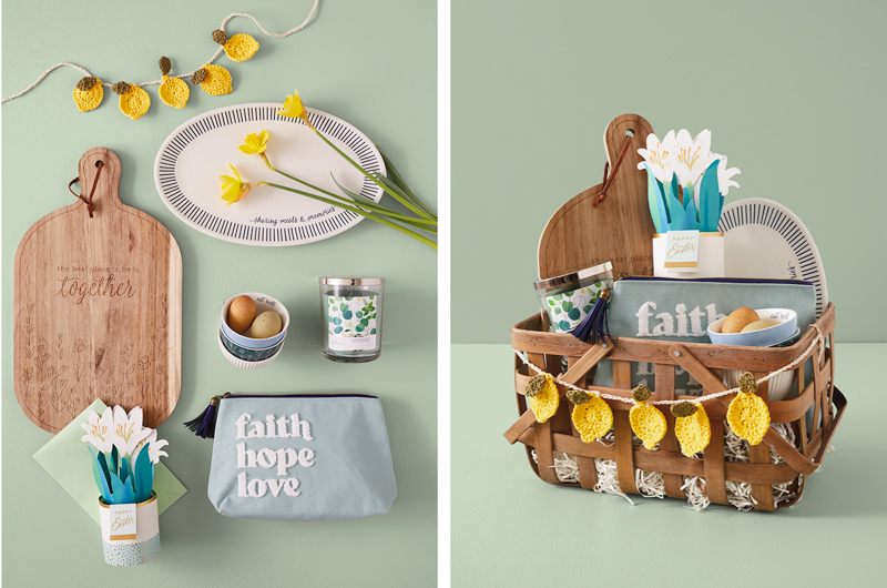 An Easter gift basket for an adult friend or family member that includes a ceramic serving platter that reads,