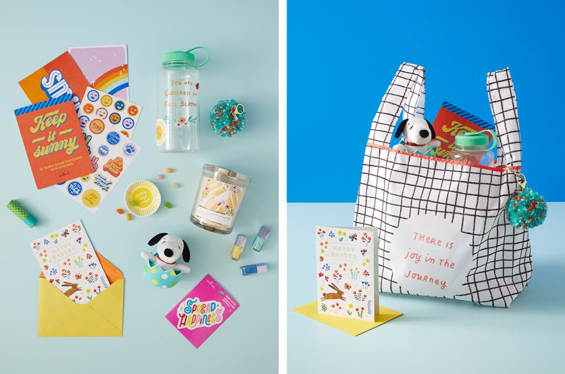 An Easter gift bag for a teen that includes a Snoopy Easter egg Zip-Along plush, three mini nail polishes in different spring pastel colors, a DIY yarn pompom keychain, a water bottle that reads,