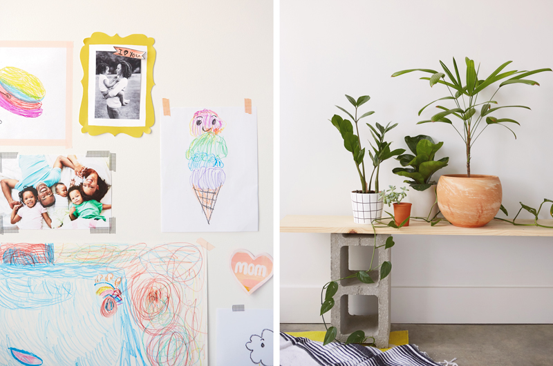 A wall decorated with several pictures hand-drawn by children in crayon; one is a colorful portrait of the child's mother, another shows an ice cream cone with multiple scoops of colorful ice cream, and a cloud that is raining a rainbow; among the drawings are also two photos, including a family photo with a mom and dad, a little girl of about 4 years, a little boy about 2 years, and a baby of about 6 months; the other photo is in black and white, and shows the mother smiling as she holds her 4 year old daughter in her arms.
